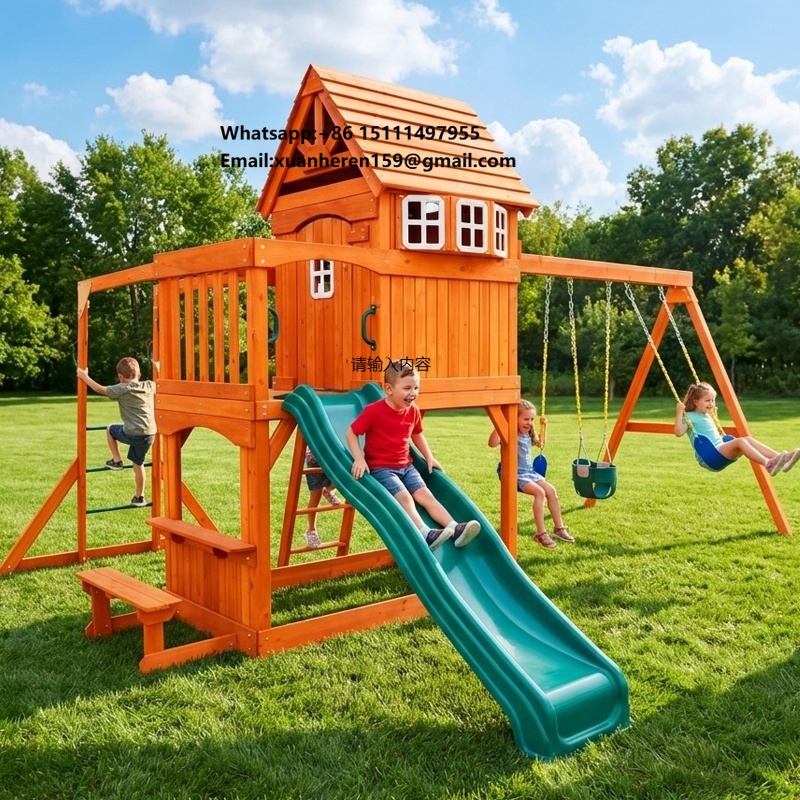 Kids Outdoor Swing Set - ชุดเครื่องเล่นสนามเด็กเล่นกลางแจ้งขนาดใหญ่ ของเล่นเด็ก สนามเด็กเล่นหลังบ้าน สวนสาธารณะ โรงเรียน ชุดชิงช้าไม้สำหรับเด็ก