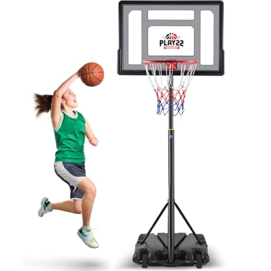 Kids Outdoor Basketball Hoop - ห่วงบาสเก็ตบอลสำหรับเด็กแบบตั้งพื้นกลางแจ้ง พร้อมแผ่นหลังโพลีคาร์บอเนตขนาด 33 นิ้ว ปรับความสูงได้ 70-84