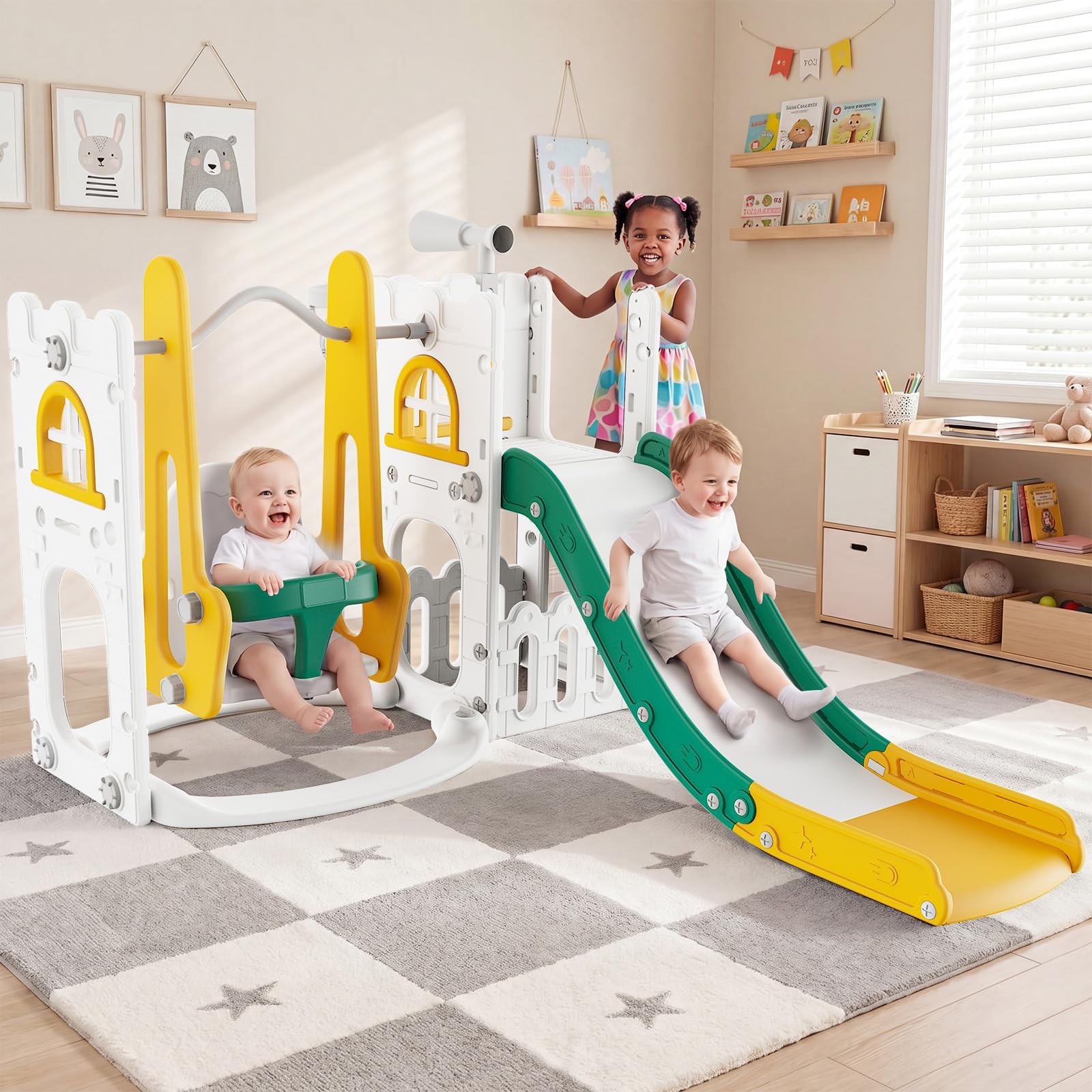 Kids Outdoor Swing Set - ชุดสไลด์และชิงช้า 7 in 1 สำหรับเด็กเล็ก ใช้ได้ทั้งในร่มและกลางแจ้ง