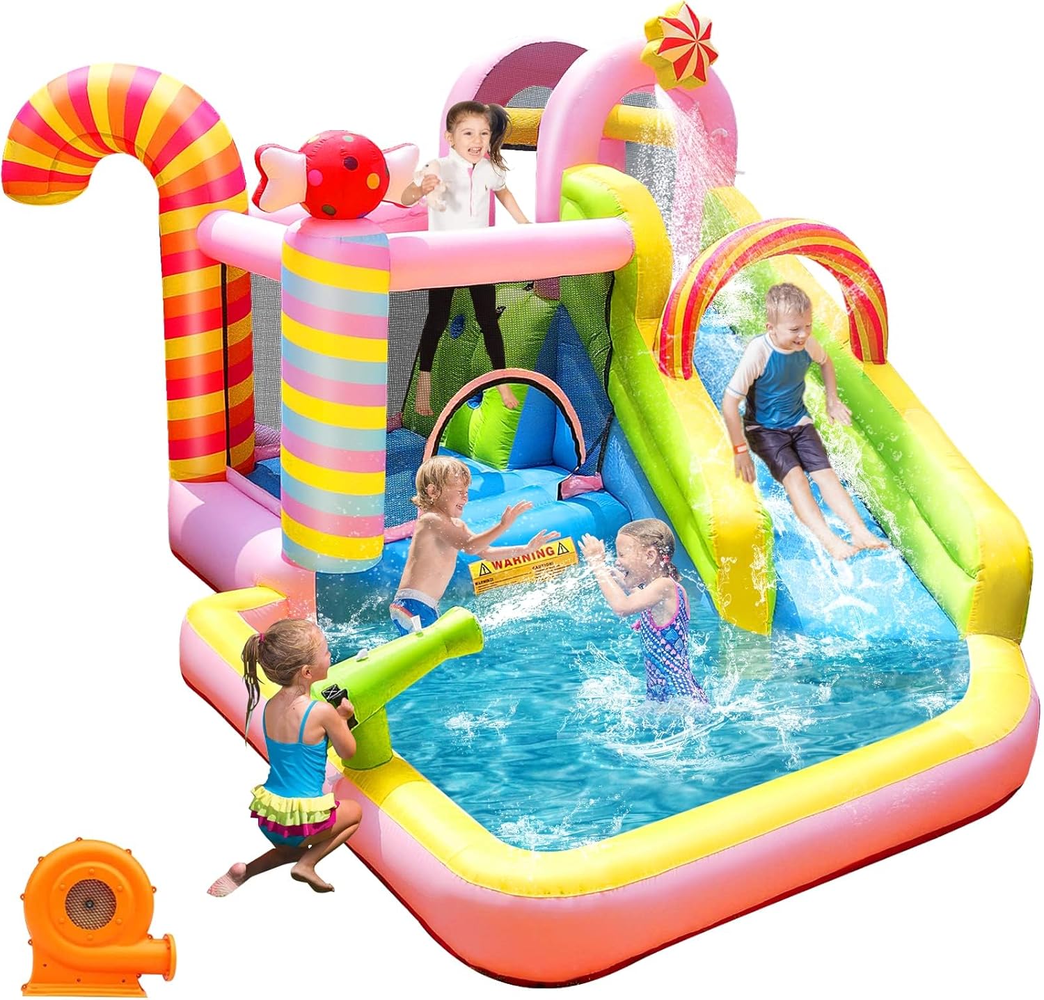 Kids Outdoor Basketball Hoop - บ้านลมเป่าลมสำหรับเด็กพร้อมสไลเดอร์น้ำ, สวนน้ำ 6-in-1 พร้อมสระน้ำ, ผนังปีนป่าย และห่วงบาสเก็ตบอล,