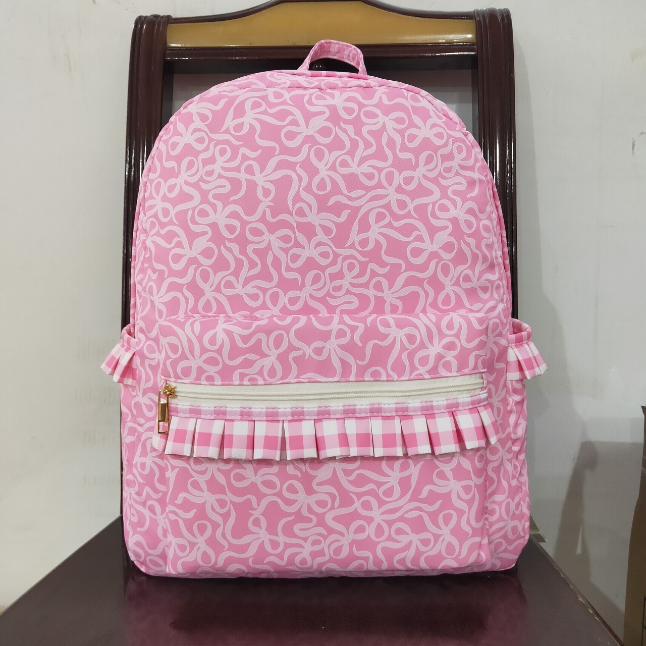 Kids Outdoor Backpack - ขายส่งเด็กสีชมพู Bows กลางแจ้งแบบพกพาเด็กเด็กวัยหัดเดินตรวจสอบกระเป๋าเด็กผู้หญิง Boutique ลายสก๊อต Ruffle
