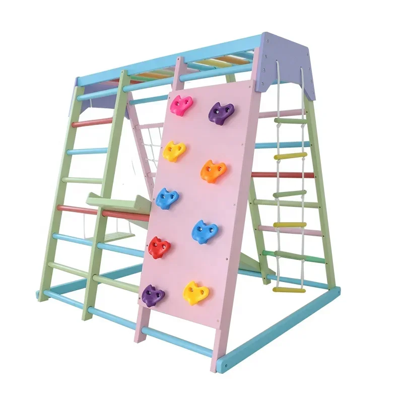 Kids Outdoor Swing Set - ชุดเครื่องเล่นปีนป่ายไม้สำหรับเด็ก พร้อมชิงช้า สไลเดอร์ และอุปกรณ์ออกกำลังกายกลางแจ้ง สำหรับใช้ในบ้านและโรงเรียน